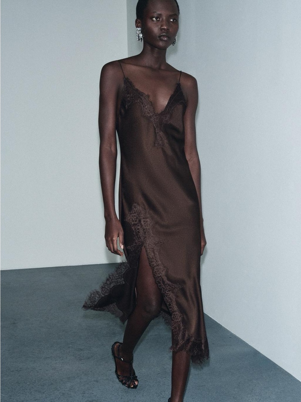 Zara ZW Collection Satin Lace Slip Dress Brown Midi NWT Size S Sexy Chic